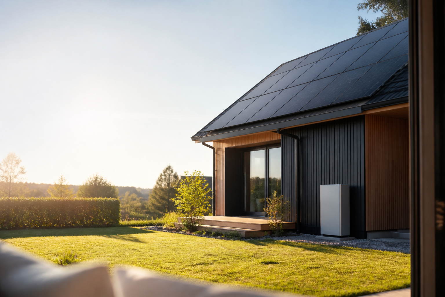 A modern home with a solar-panel roof and home battery